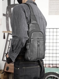 多功能牛皮單肩斜背包 運動男士前背包 真皮斜挎包