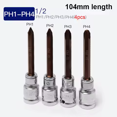 4pcs 1/2' Square drive S2 Alloy Quick Phillips Socket Screwdriver Bit Wrench 55MM/104MM Length Cross