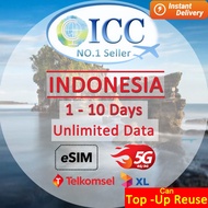 ICC eSIM Indonesia 1-10 Days Unlimited Data (Can top up and reuse) Telkomsel/XL/Indosat Network|ICC 