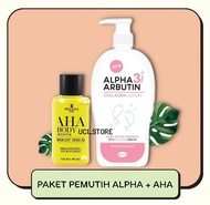 [Paket Whitening Duet Maut] Alpha Arbutin 3+ Lotion &amp; Aha White Body Serum - Alpha Arbutin Lotion + Aha Body Serum