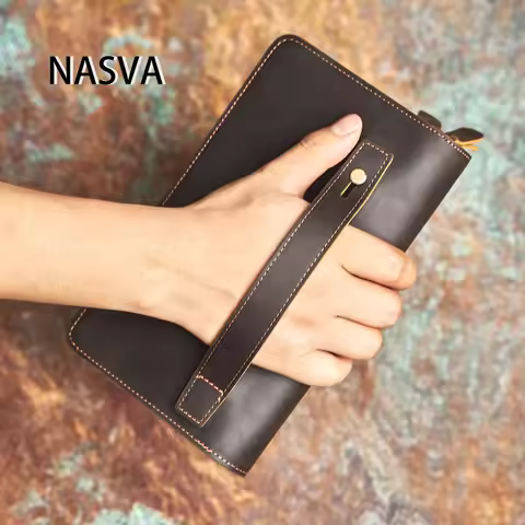 NASVA Genuine Leather Clutch Bag Vintage Wallet Men's Long Wallet Multifunctional Card Bag Wrist Lea