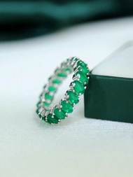 1個絕美經典設計天然綠色玉髓寶石戒指,925純銀潮流女士生日和派對禮物