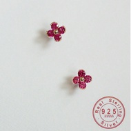 1 Cặp Bông tai đính đá Ruby hoa dễ thương mạ bạc Sterling S925 vàng 14K cho bé gái