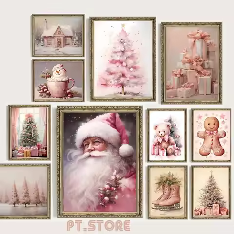 Vintage Pink Christmas Poster Painting Pink Gingerbread House Reindeer Santa Wall Art Canvas Print L