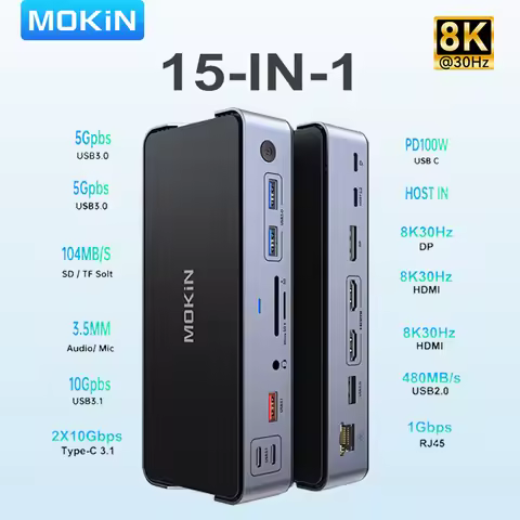 MOKiN 15 in 1 Docking Station USB C to Dual 8K30Hz HDMI Adapter 10Gbps USB3.1,SD/TF,DP,PD 100W,RJ45 