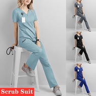 NiaaHinn Fashion Elastic Wrinkle Resistant Breathable Baju Scrub Suit Medical for Woman plus size Doctor Nurse Uniform【Short Sleeves V-neck Top+ Jogging Pants】