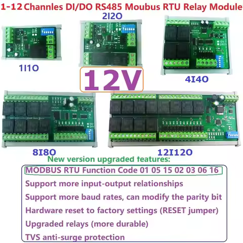 DC12V 1-12Ch Digital Switch DiDo Multifunction RS485 PLC IO Expanding Board Standard Modbus RTU Rela