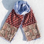 手織純綿絲巾 手工木刻印植物染圍巾 草木染棉絲巾-紅色花朵森林
