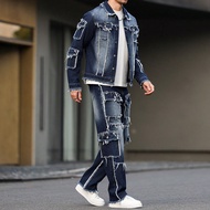 Men's Casual Washed Distressed Denim Jacket And Pants Set, Emo Style, Fall Clothes