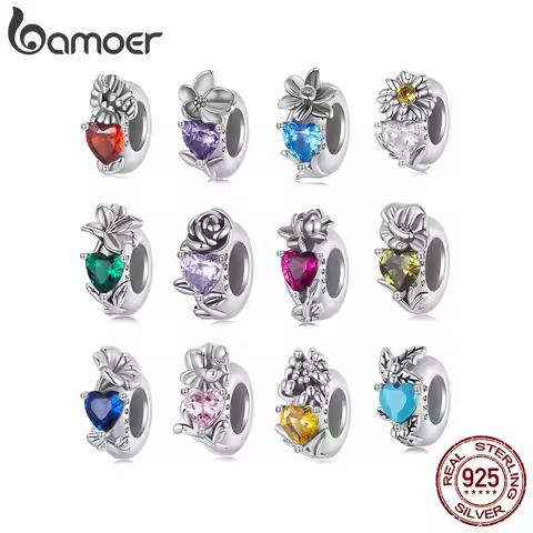 BAMOER 2025 New Birthstone Charms for Charms Bracelet, 925 Sterling Silver 5A Cubic Zirconia Flower 