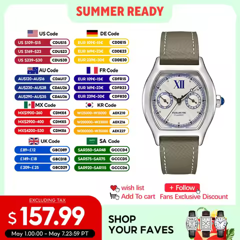 FARASUTE 2024 New 36mm Men's Quartz Watch VH64 Movement Stainless Steel Sports Fashion Sapphire Glas