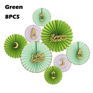 8Pcs/Set Ramadan Eid Mubarak 3D Paper Fan Flower with Eid Gold Foil Raya Wall Decor Hanging Pendant