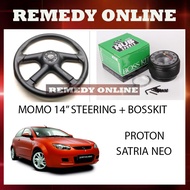 PROTON SATRIA NEO 14'' MOMO SPORT STEERING 4 SPOKE PVC HIGH QUALITY + BOSSKIT SET
