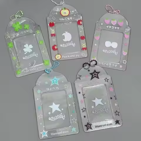 Transparent Glitter Card Sleeve Keychain Photocard Holder Bag Charm INS Cute Cartoon Star Apple Phot