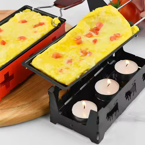 Non-Stick Raclette Grill Set Cheese Melter Pan with Spatula Foldable Wooden Handle Melted Cheese Rac