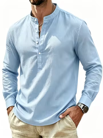 Men's Henley Collar Long Sleeve Shirt Lightweight Breathable Casual Linen Style Henley Shirt for Men