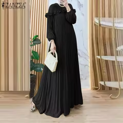 2026 ZANZEA Elegant Party Dresses Women Spring Long Sleeve Pleated Maxi Sundress Dubai Robe Fashion 