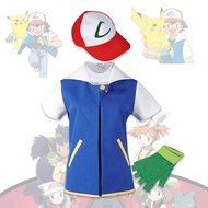 Cosplay Pokemon Anime Ash Ketchum Blue Jacket Costume Clothes Boys Girls Cosplay for Halloween Party Trainer Cap Gloves Set Gift