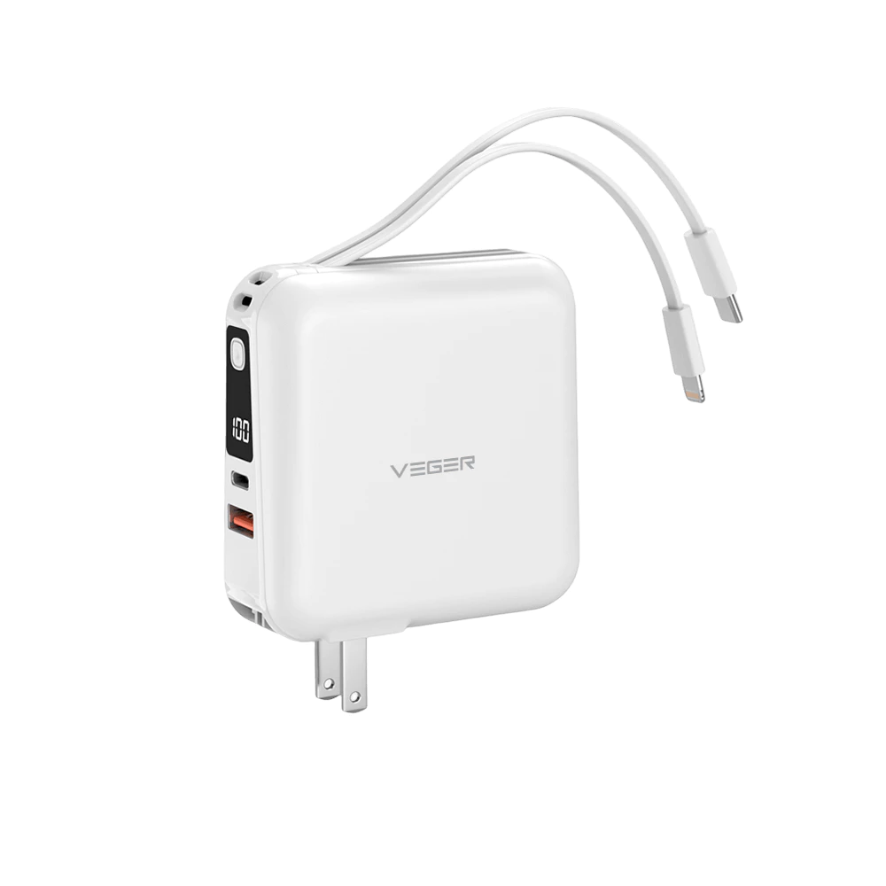 VEGER P15 POWER BANK 15000 MAH WITH BUILT IN CABLE AND ADAPTER 20W พาวเวอร์แบงค์ WHITE