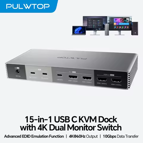 PULWTOP KVM Switch Docking Station for Laptop & Desktop, with 2 HDMI, USB A/C 3.2 10Gbps, 15W Chargi