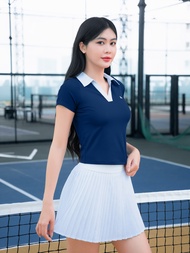 Bộ đồ Pickleball cầu lông tennis nữ Fitme áo polo thể thao Xanh Navy cổ Trắng chân váy xếp ly Trắng