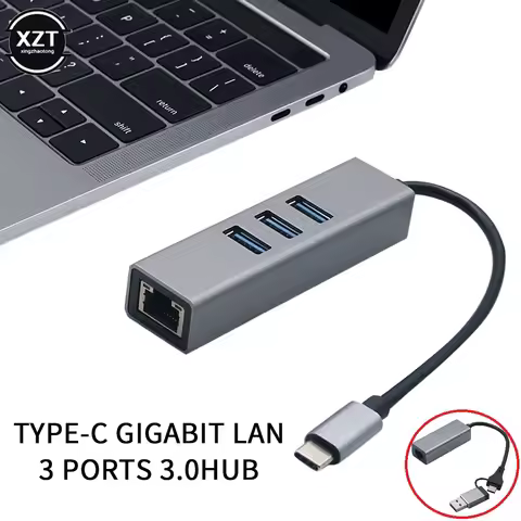 Chips RTL8153 USB Type C to RJ45 Wired Network Card Super Speed 3 ports USB 3.0 to Ethernet 1000Mbps