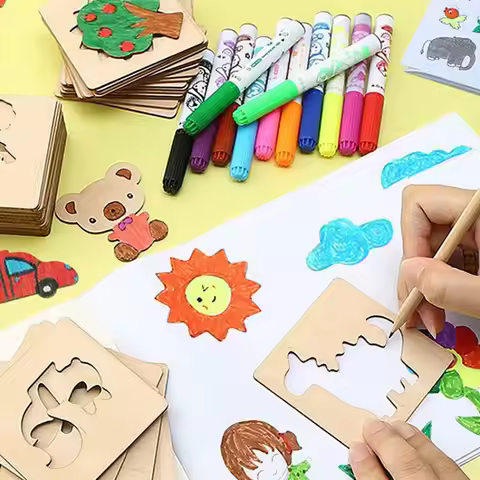 42pcs Wooden DIY Drawing Template Templates With Markes, Children's Drawing Template Drawing Tool Se