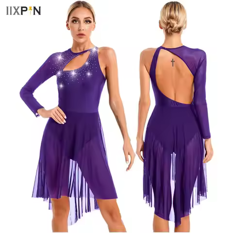 Womens Lyrical Dance Dress Long Sleeve Sheer Mesh Leotard Dress Ice Skating Gymnastics Performance C