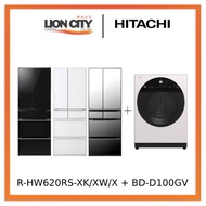 Hitachi R-HW620RS-XK/XW/X 416l Multi-door Fridge+Hitachi BD-D100GV Front Load Washer Dryer Wind Iron, AI Wash Inverter 1