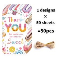 50 ชิ้น ป้ายแท็กของขวัญน่ารัก "Thank You" พร้อมเชือกป่าน - ธีมลูกอมไอศกรีมและโดนัทแสนหวาน "Thank You