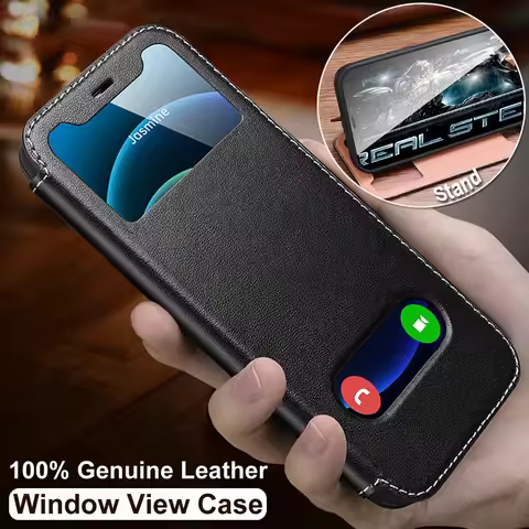 Genuine Leather case for iphone 14 16 12 11 pro max case luxury window flip cover for iphone 13 mini