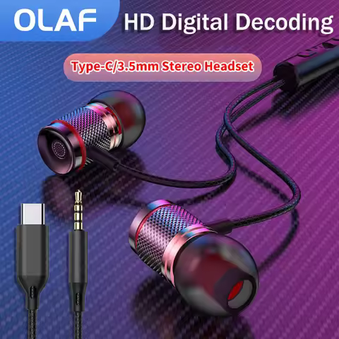 OLAF Wired Headphones DAC Type-C 3.5mm Headset 9D Bass Stereo Earbuds In-Ear Handsfree Earphones For