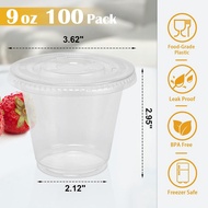 Lamosi 100 Pack 9 oz Clear Plastic Cups with Lids, Disposable Cups with Flat Lids, Ideal for Ice Cre