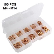 Box of 100 Flat Round Copper Gaskets in Diameter Sizes M4 / M5 / M6 / M8 / M10 / M12 / M14 Engine Sc