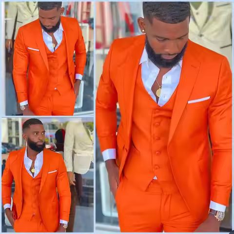 Latest Design Bright Orange Men Suits Peak Lapel Costume Homme Tuxedo Prom Wedding Groom Blazer Tern