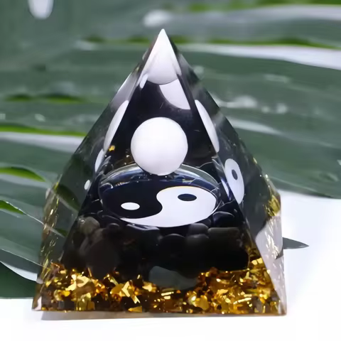1pc Orgonite Pyramid, Yin Yang Crystal Pyramid White Quartz Sphere Orgone Black Obsidian Orgonite, H
