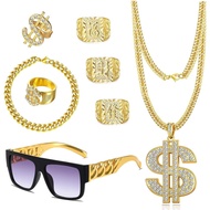 80s 90s Hip Hop Costume Outfit Kit Fake Golden Bracelet Dollar Sign Necklace Kanji Ring Sunglasses R