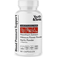 Youth & Tonic Natural Blood Pressure Support Supplement w/Hawthorn Hibiscus & Diuretic Herbs & Vitam