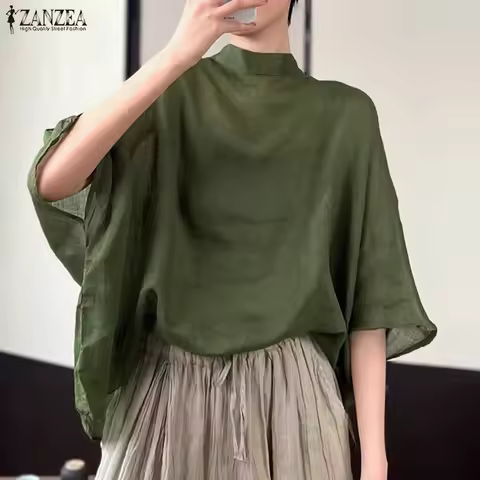 ZANZEA Women Bat Half Sleeve Blouse Autumn Asymmetrical Tops Thin Stand Collar Tunic Casual Loose Tr