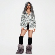 Y2K Abby Street Fashion Forward Dollar Bill Print Bling Fuzzy Cap & Loose Women Sweatshirt