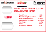 RUBINE SPH 30S SIN 3.0(I) ELECTRIC STORAGE WATER HEATER / FREE EXPRESS DELIVERY
