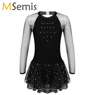 Kids Girls Rhinestone Glittering Polka Dot Ice Skating Roller Figure Skating Dress Long Sleeve Balle