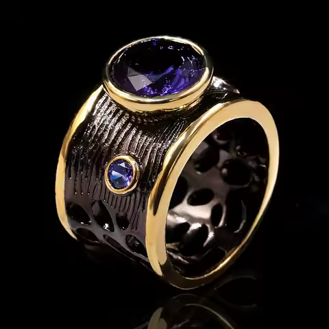 S925 Sterling Silver Big Round Cut Amethyst Rings for Women Vintage Black Gold Cocktail Party Gift I