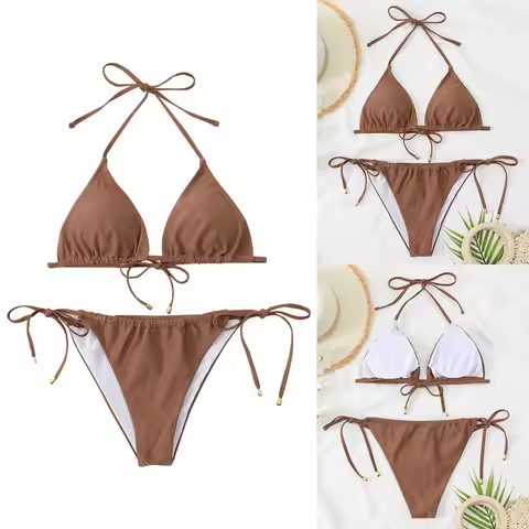 Hanging Collar Swim Top And Side Tie Bikinibottom Thongs Split Swimwear Coffee-Colored Two Piece Set