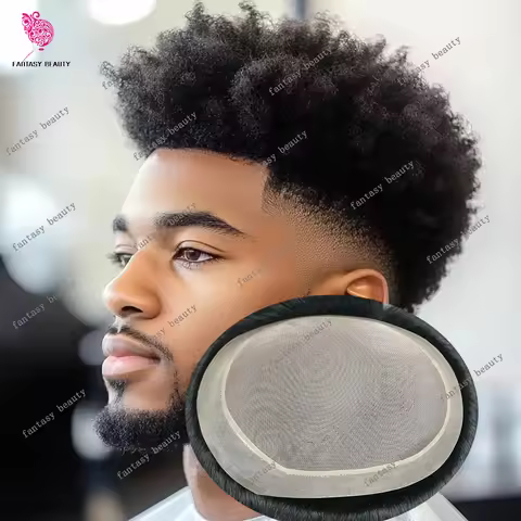 Afro Black Man Natural 6mm Tight Kinky Curly Man's Wigs Super Durable Fine Mono Lace&PU Toupee Wavy 