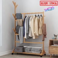 CJ Solid Bamboo floor clothing rack with wheels hat rack bedroom furniture Coat Rack Simple Assembly