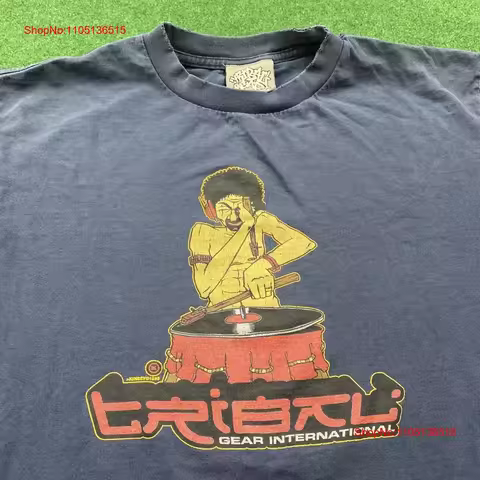 Vintage Tribal Gear T Shirt Mens L Blue 90S DJ Techno Drum Bass USA MADE 1995 vintage Washed Comfort
