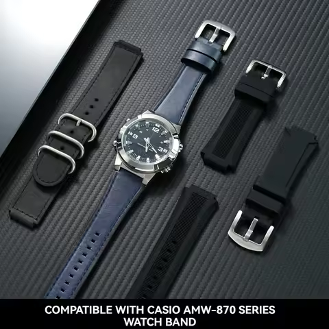 For Casio AMW-870 Watch Band Genuine Leather Silicone Replacement Strap Curved End Bracelet for Men 