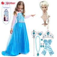 Dress for Kids Girl Frozen Elsa Cosplay Costume Blue Long Sleeve Snow Queen Princess Dress with Cape Crown Wig Accessories Nail Stickers Party Wedding Clothes