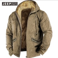 JEEP วิญญาณขนแกะ-เรียงรายไปด้วยเสื้อโค้ทผ้าฝ้ายฤดูหนาวหนาสีทึบของผู้ชายเสื้อกันหนาวมีฮู้ดฤดูหนาว